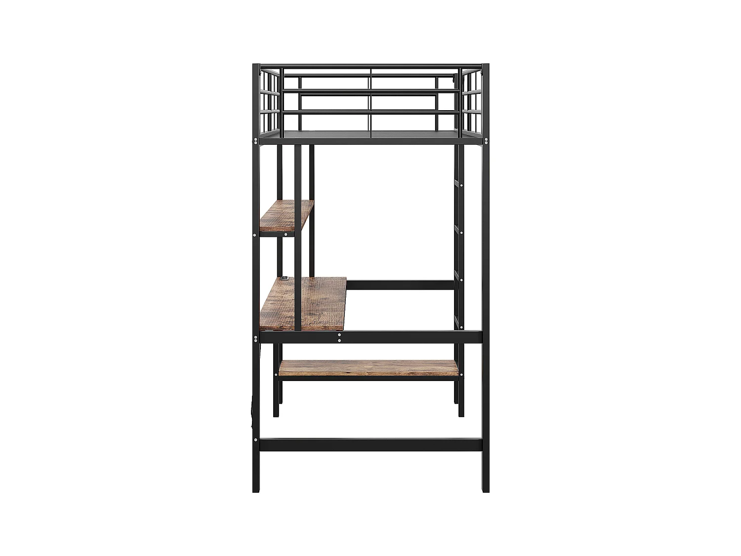 Hochbett 90x200 cm mit USB- und LED-Beleuchtung, Regalen und Schreibtisch, schwarz - ohne Matratze