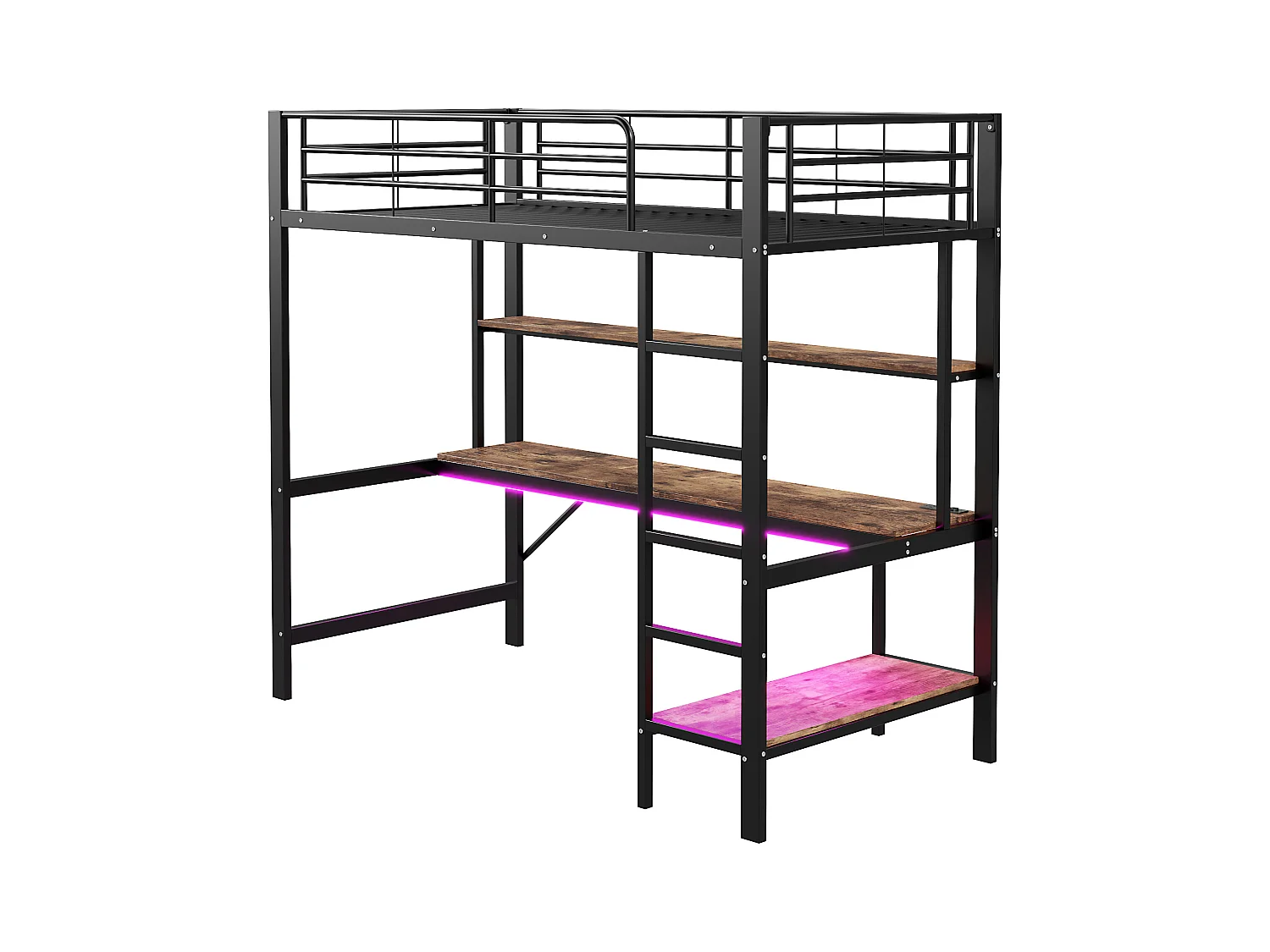 Hochbett 90x200 cm mit USB- und LED-Beleuchtung, Regalen und Schreibtisch, schwarz - ohne Matratze