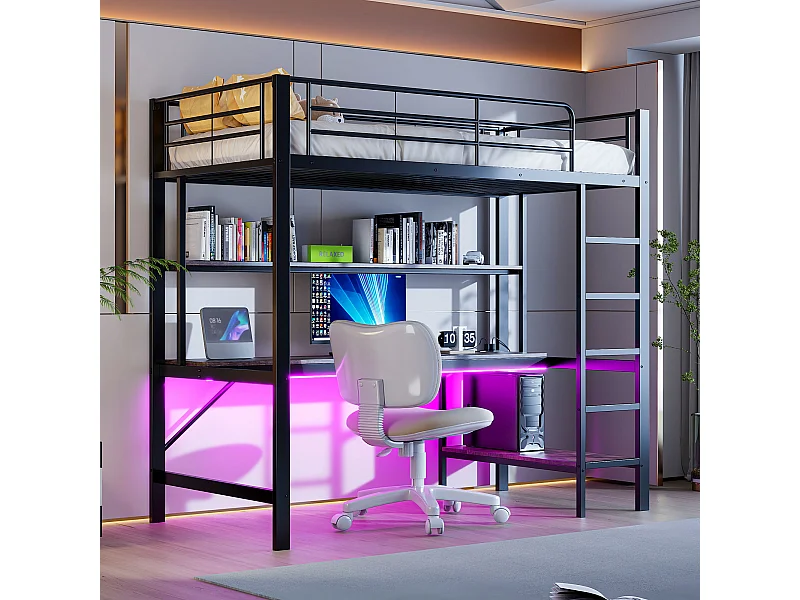 Hoogslaper 90x200 cm met USB- en LED-verlichting, planken en bureau, zwart - zonder matras