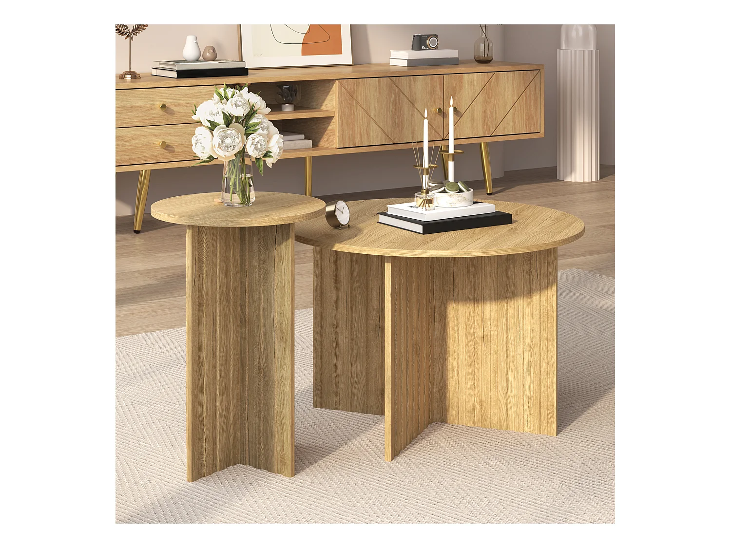 Lot de 2 tables basses modernes avec plateau rond en bois veiné - pour salons et bureaux