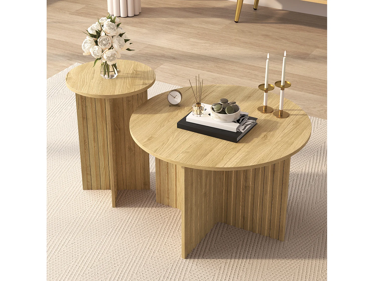 Lot de 2 tables basses modernes avec plateau rond en bois veiné - pour salons et bureaux
