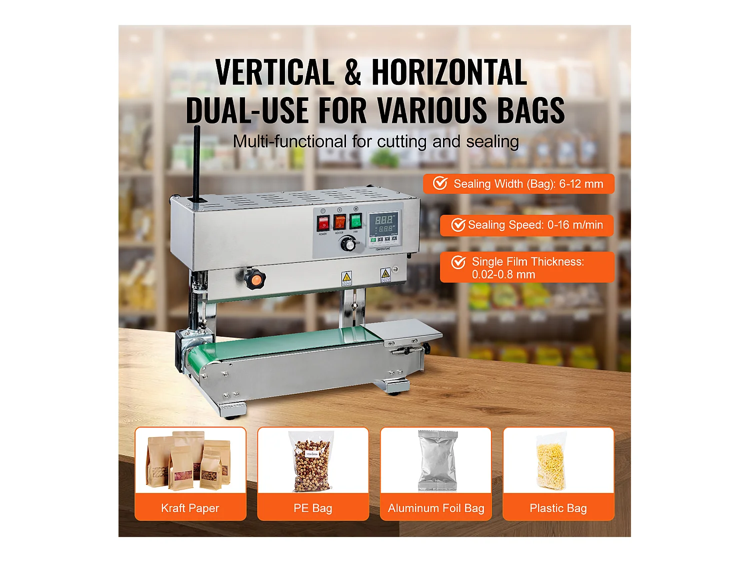 Machine de Scellage SucceBuy de Sacs en Continu, Scelleuse à Bande Verticale, Acier Inoxydable