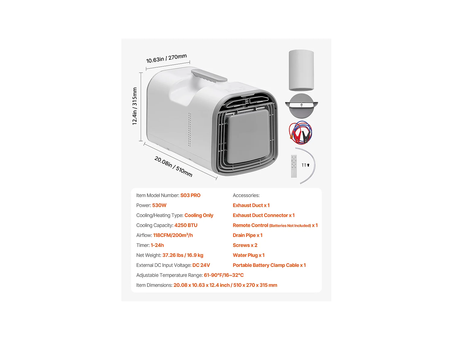 Refroidisseur d'Air Portable SucceBuy Climatiseur Portable 4 250 BTU AC/DC pour Camping, Dimensions : 510 x 270 x 315 mm