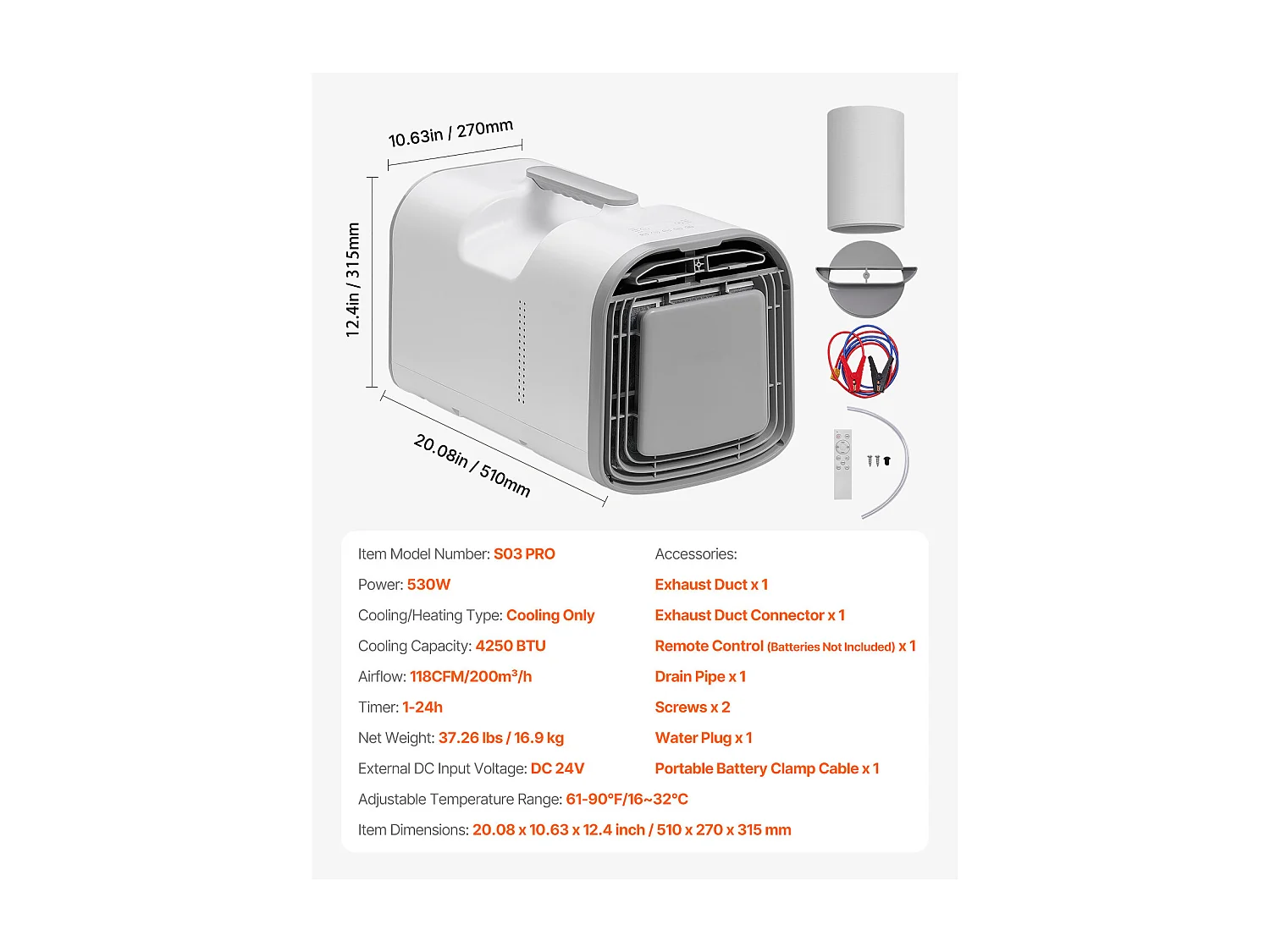 Refroidisseur d'Air Portable SucceBuy Climatiseur Portable 4 250 BTU AC/DC pour Camping, Dimensions : 510 x 270 x 315 mm