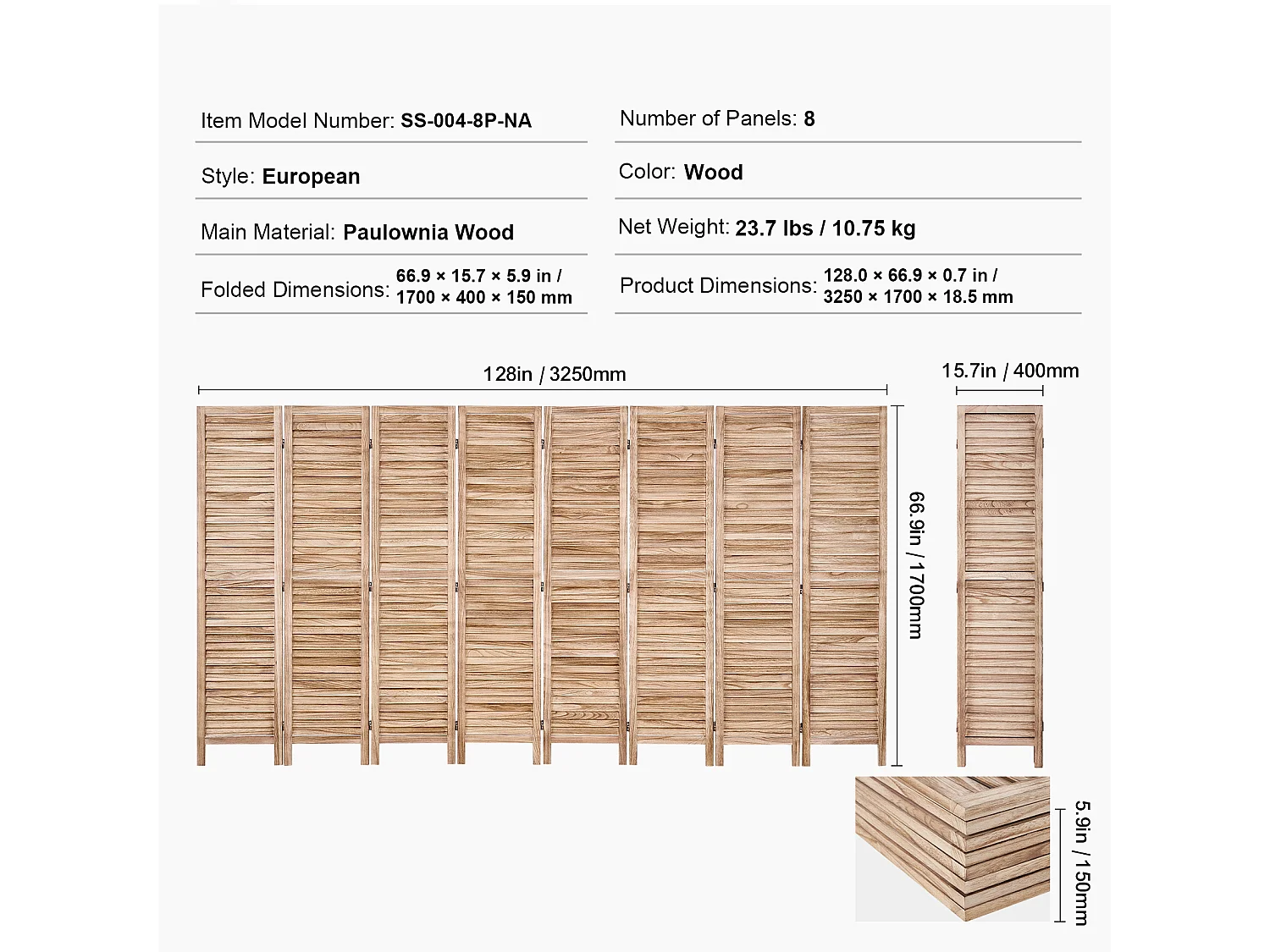 Cloison de Séparation en Bois SucceBuy 8 Panneaux pour la Maison, le Bureau et la Chambre à Coucher