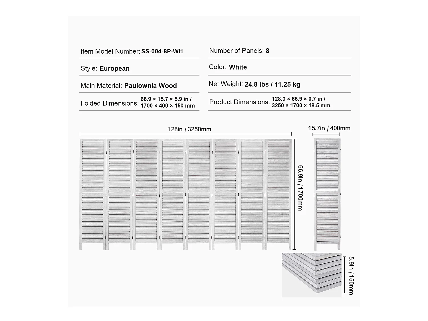 Biombo de Madera SucceBuy, Mampara de Privacidad de 8 Paneles de Madera para Separar Ambientes