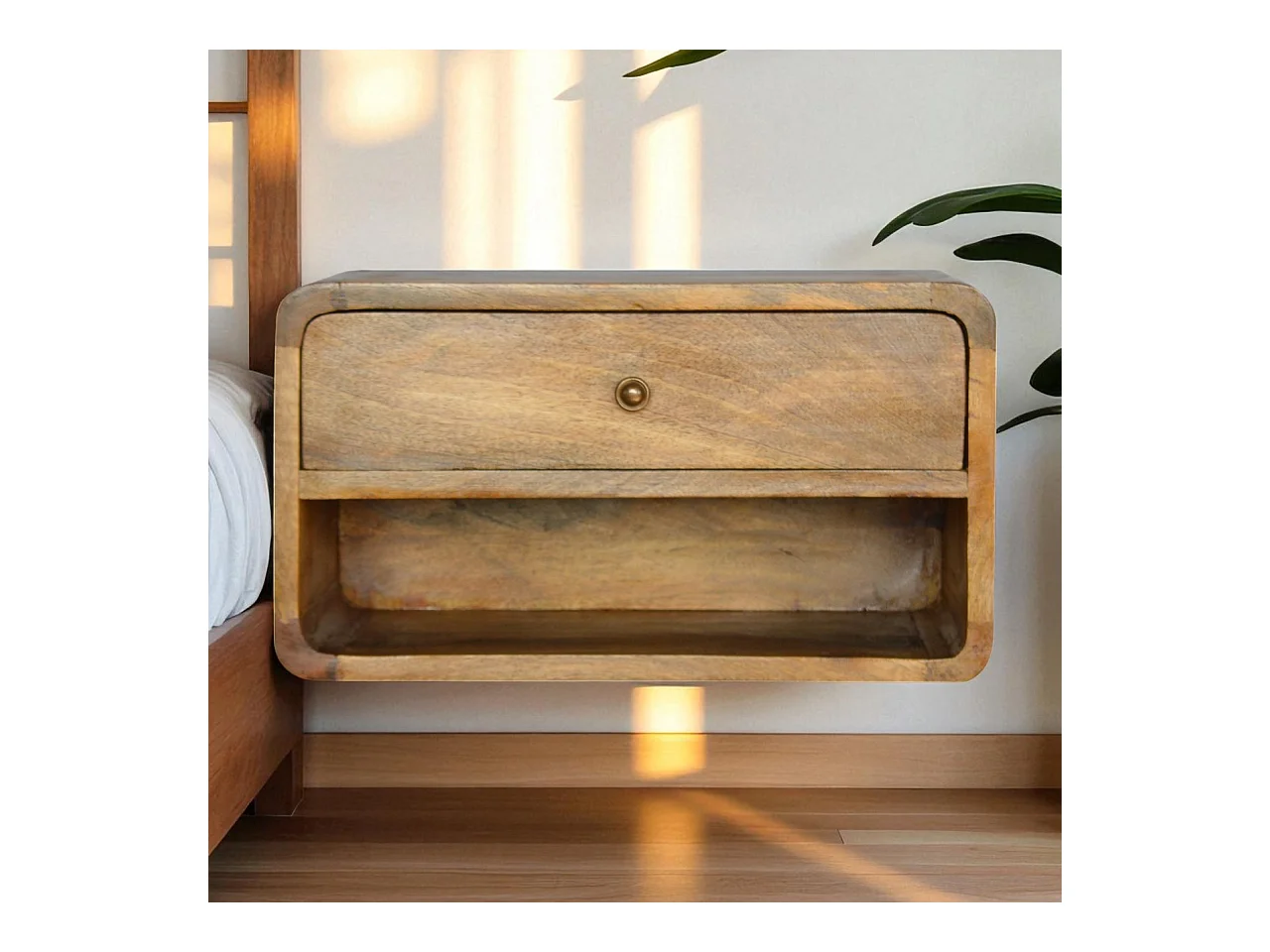 Artisan Furniture Schwebender Gebogener Nachttisch mit Offenem Fach, 1 Schublade und Offenem Fach, Beige