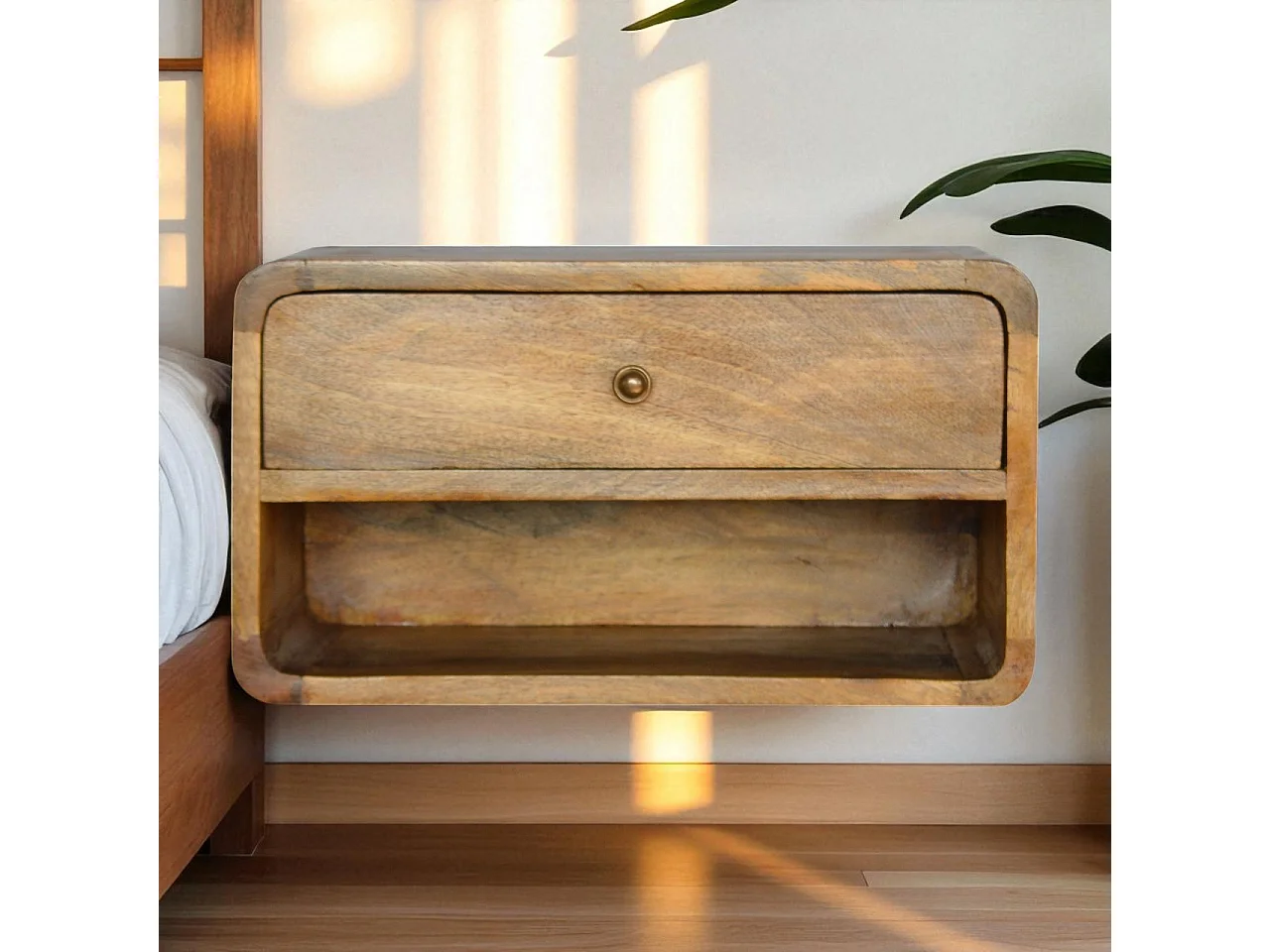 Artisan Furniture Comodino Curvo Sospeso con Vano Aperto, 1 Cassetto e Vano Aperto, Beige