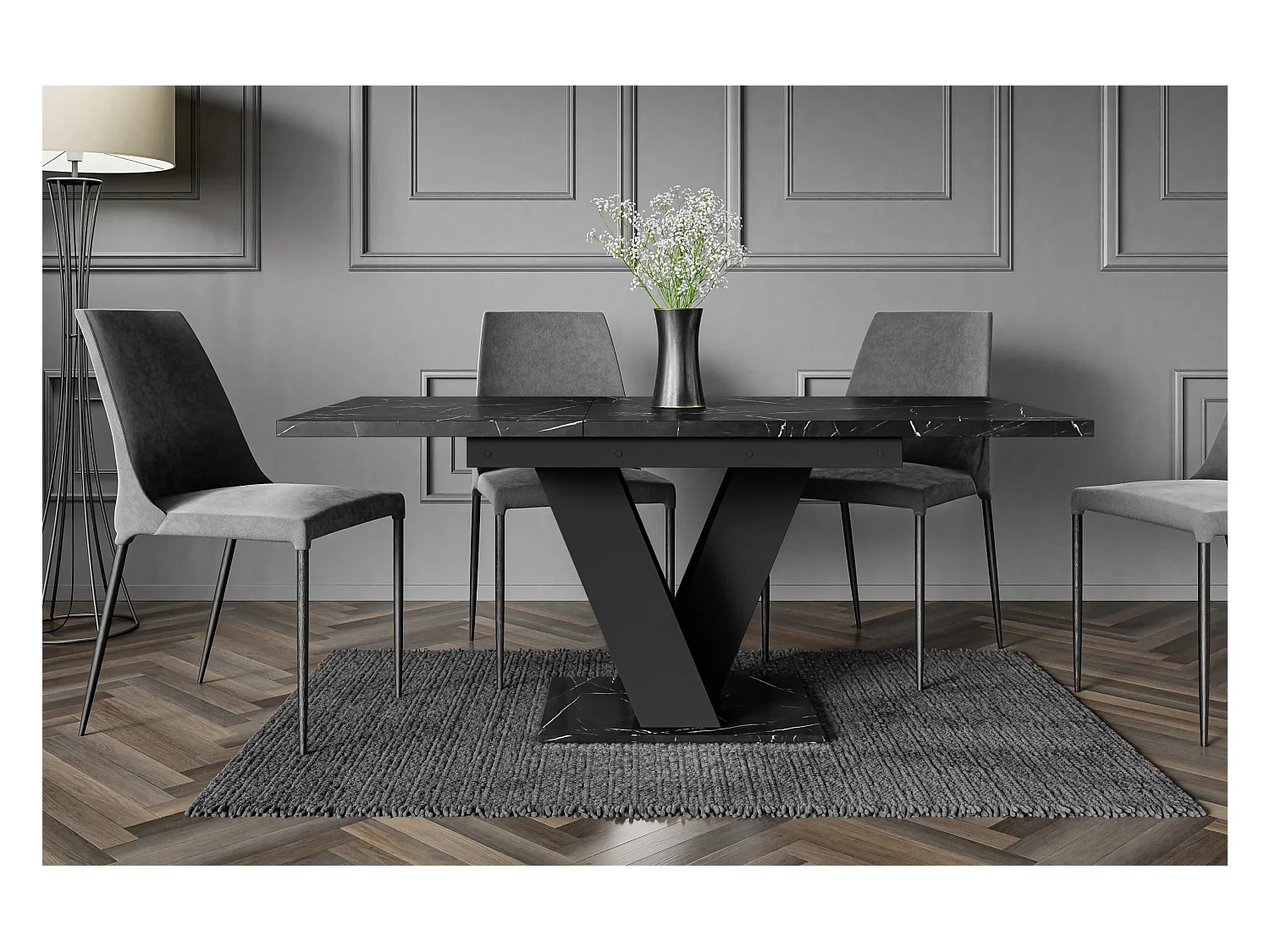 Table à manger extensible MASSI Marbré Noir Mat 120 à 160 cm 6 personnes