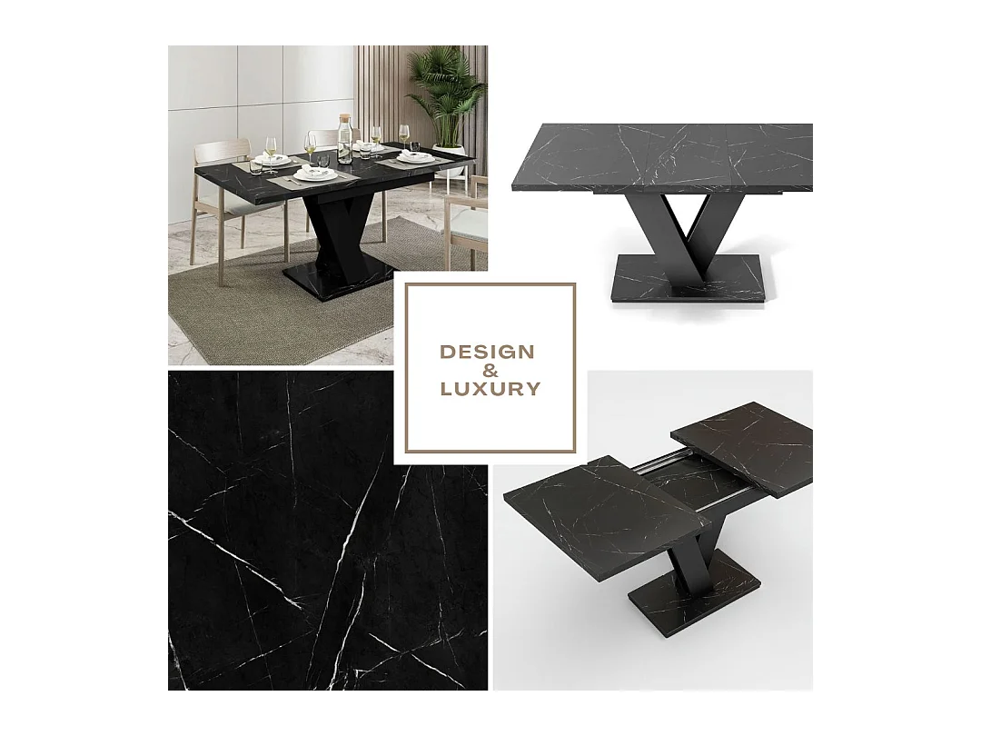 Table à manger extensible MASSI Marbré Noir Mat 120 à 160 cm 6 personnes