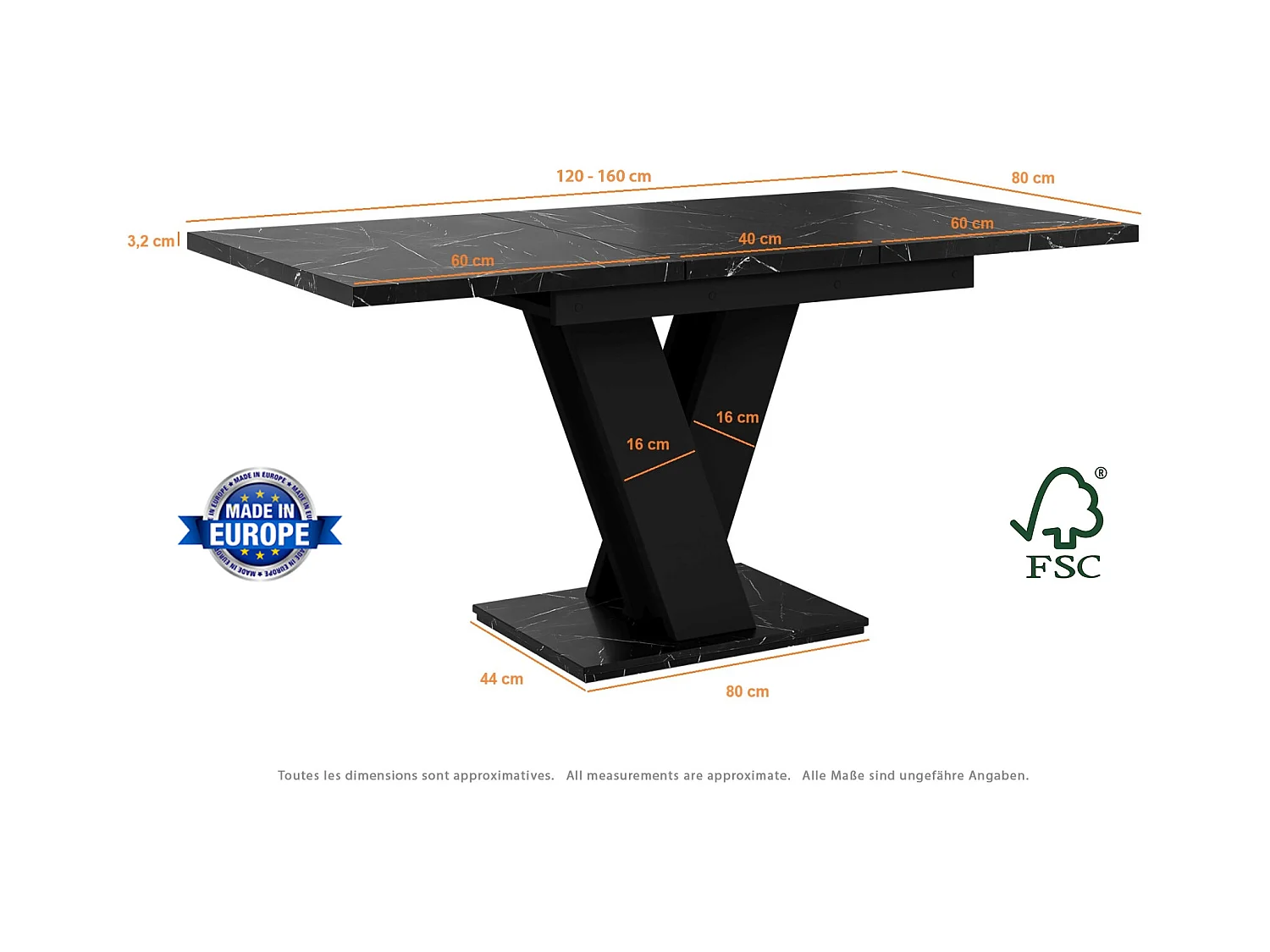 Table à manger extensible MASSI Marbré Noir Mat 120 à 160 cm 6 personnes