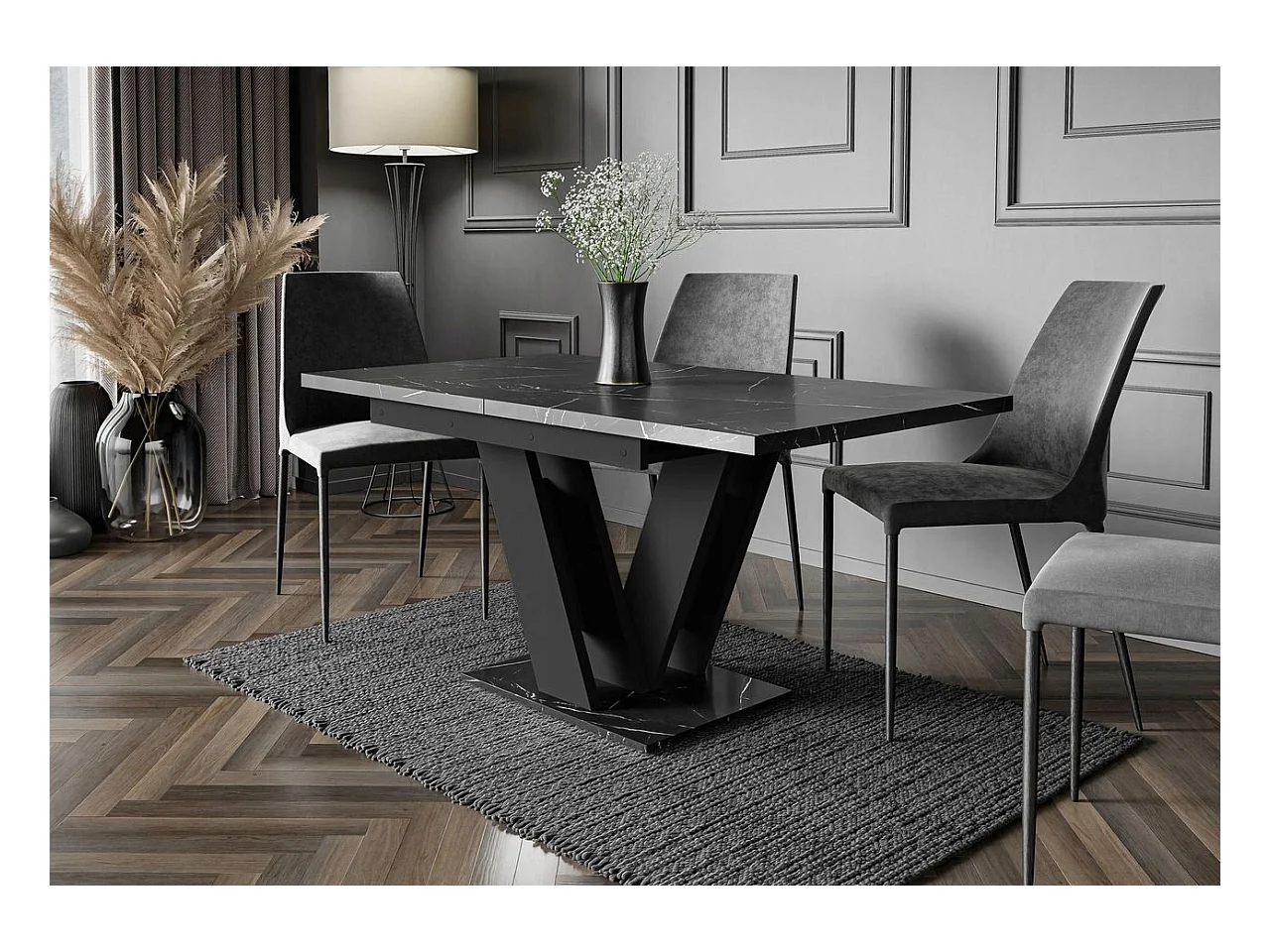 Table à manger extensible MASSI Marbré Noir Mat 120 à 160 cm 6 personnes