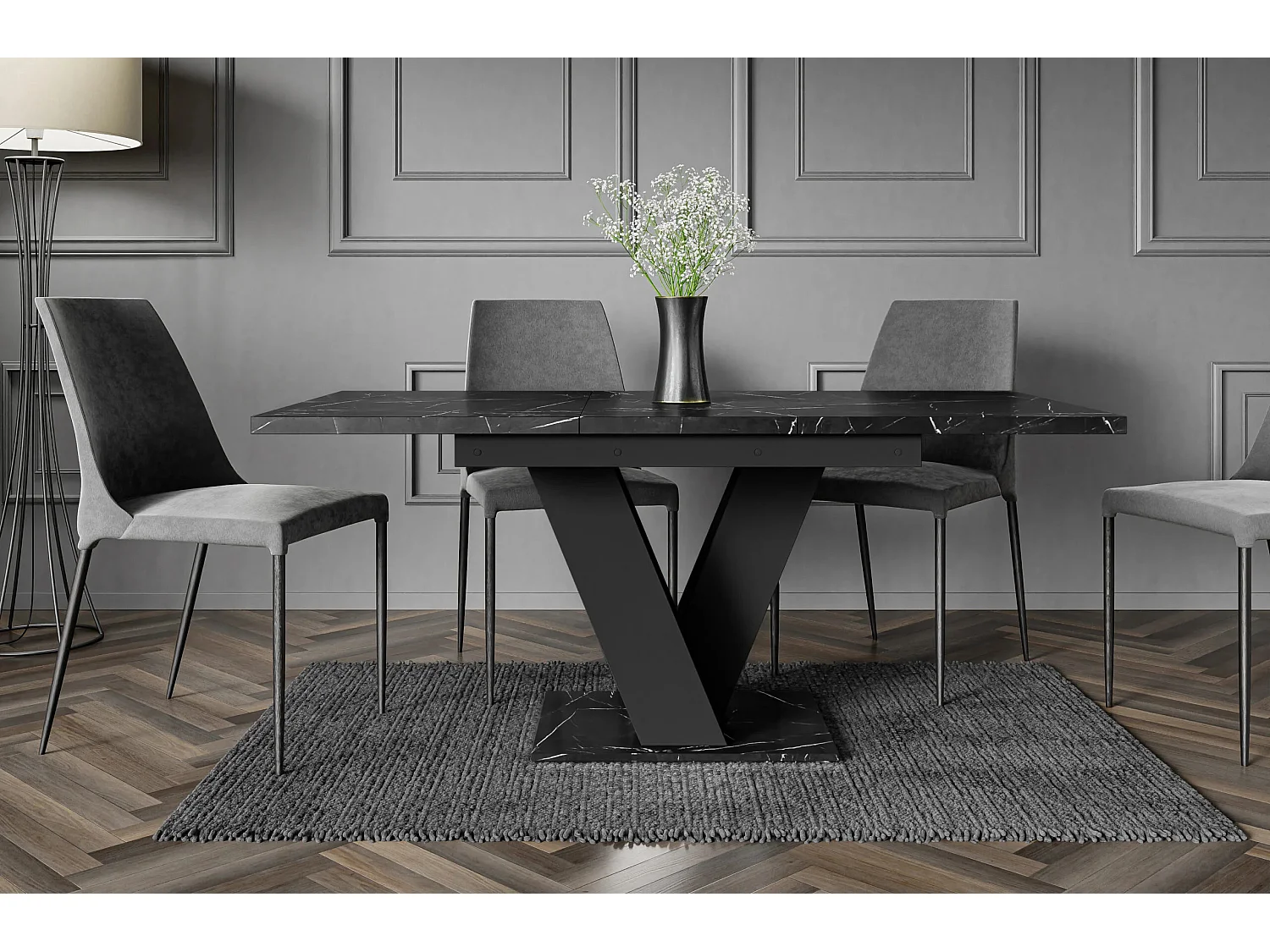 Table à manger extensible MASSI Marbré Noir Mat 120 à 160 cm 6 personnes