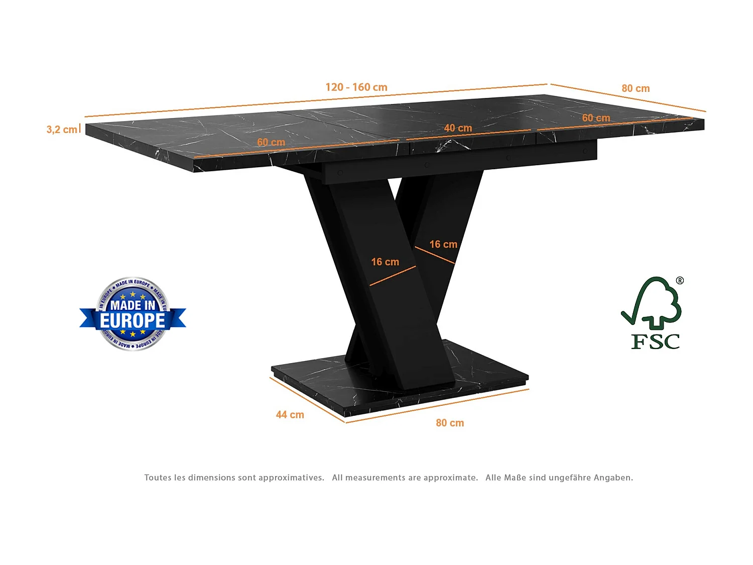 Table à manger extensible MASSI Marbré Noir Mat 120 à 160 cm 6 personnes