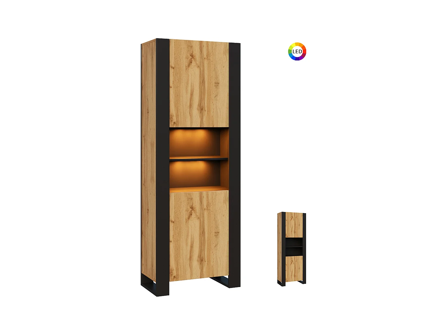 Armoire Vitrine LOVY en noir et bois chêne avec LED RGB 70 cm sans poignées