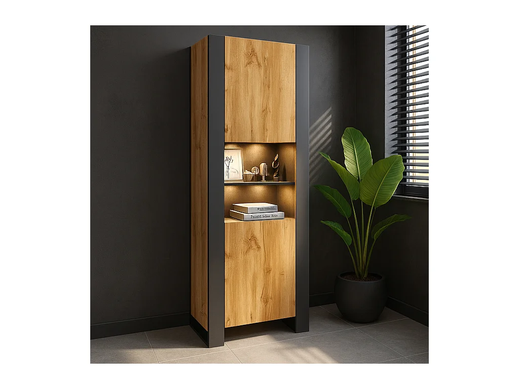 Armoire Vitrine LOVY en noir et bois chêne avec LED RGB 70 cm sans poignées