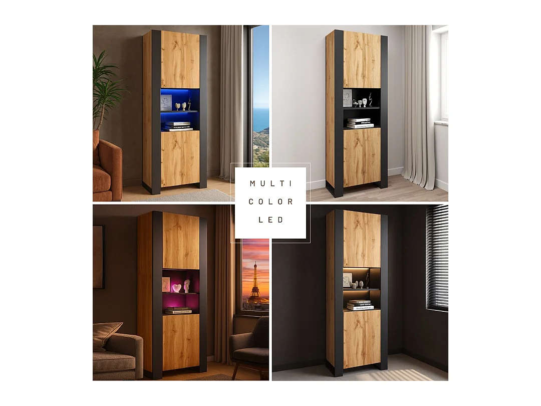 Armoire Vitrine LOVY en noir et bois chêne avec LED RGB 70 cm sans poignées