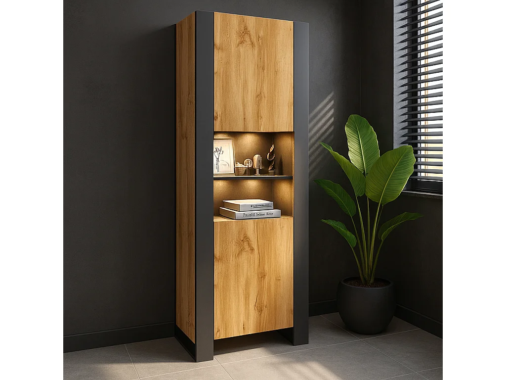 Armoire Vitrine LOVY en noir et bois chêne avec LED RGB 70 cm sans poignées