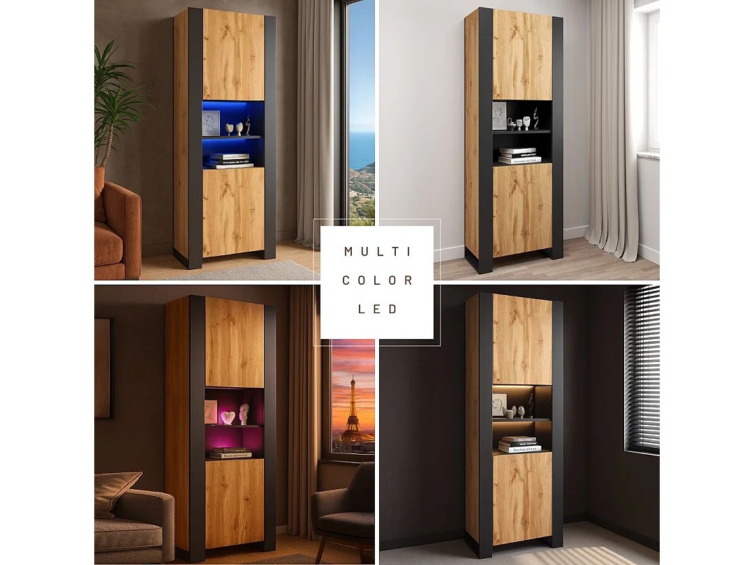 Armoire Vitrine LOVY en noir et bois chêne avec LED RGB 70 cm sans poignées