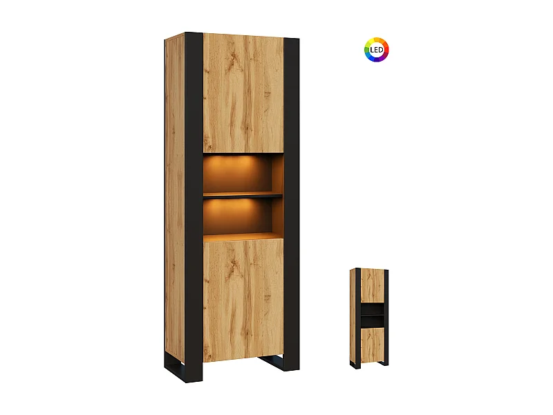 Armoire Vitrine LOVY en noir et bois chêne avec LED RGB 70 cm sans poignées