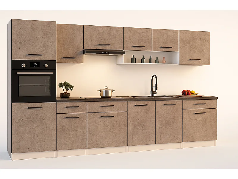 Cuisine complète VIKI Béton gris 300 cm avec colonne four 9 éléments 18 mm