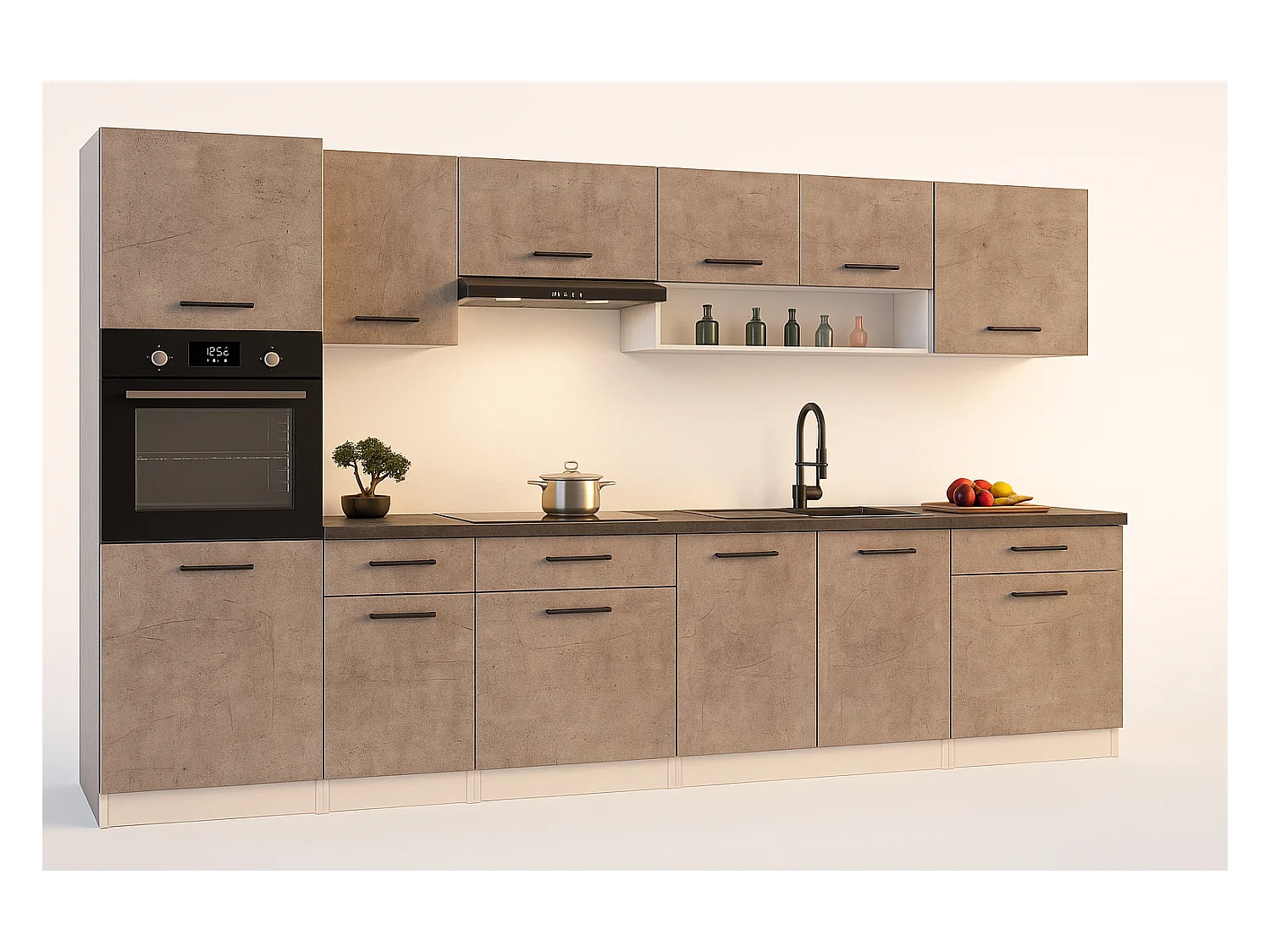 Cuisine complète VIKI Béton gris 300 cm avec colonne four 9 éléments 18 mm