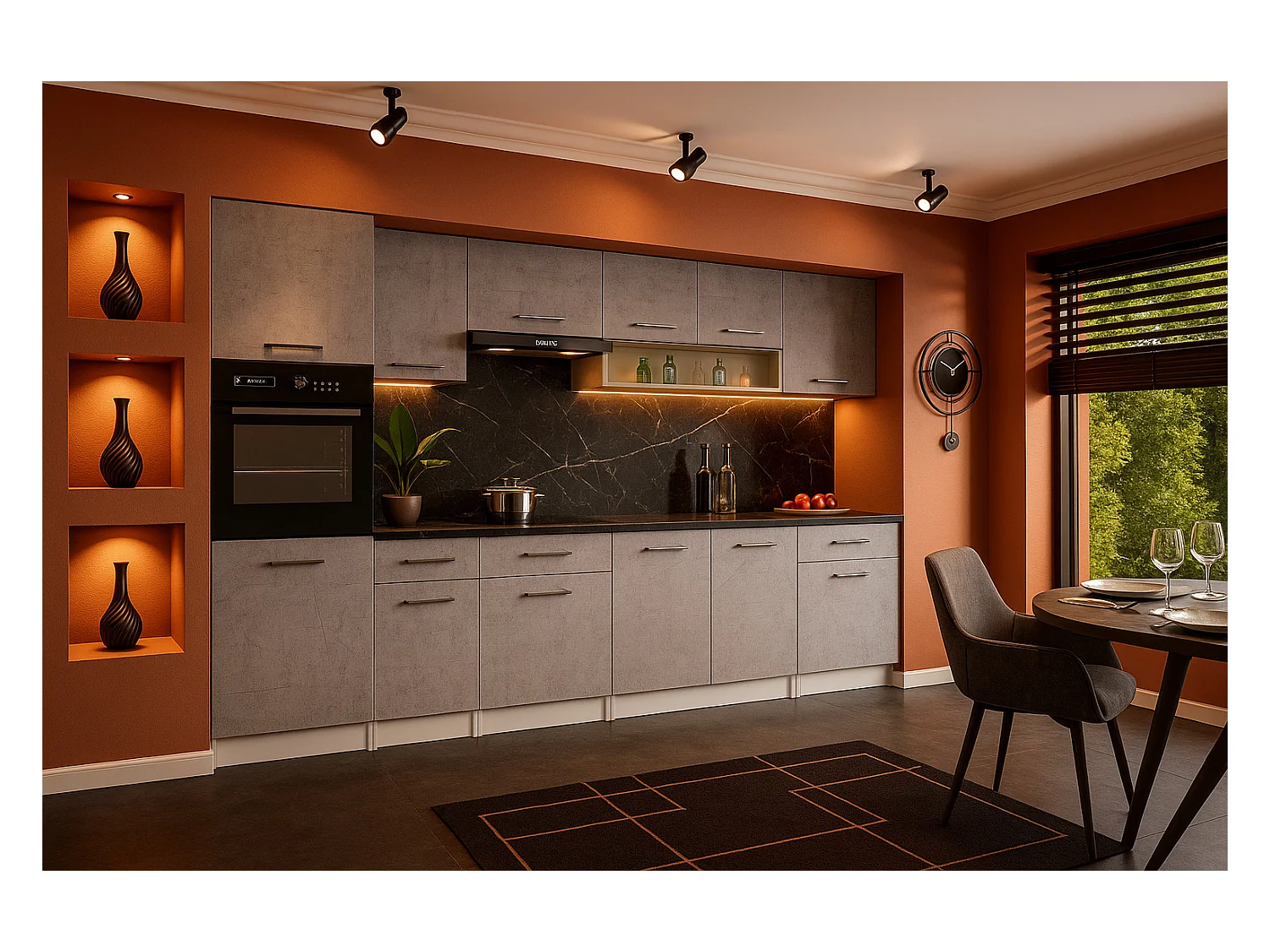 Cuisine complète VIKI Béton gris 300 cm avec colonne four 9 éléments 18 mm