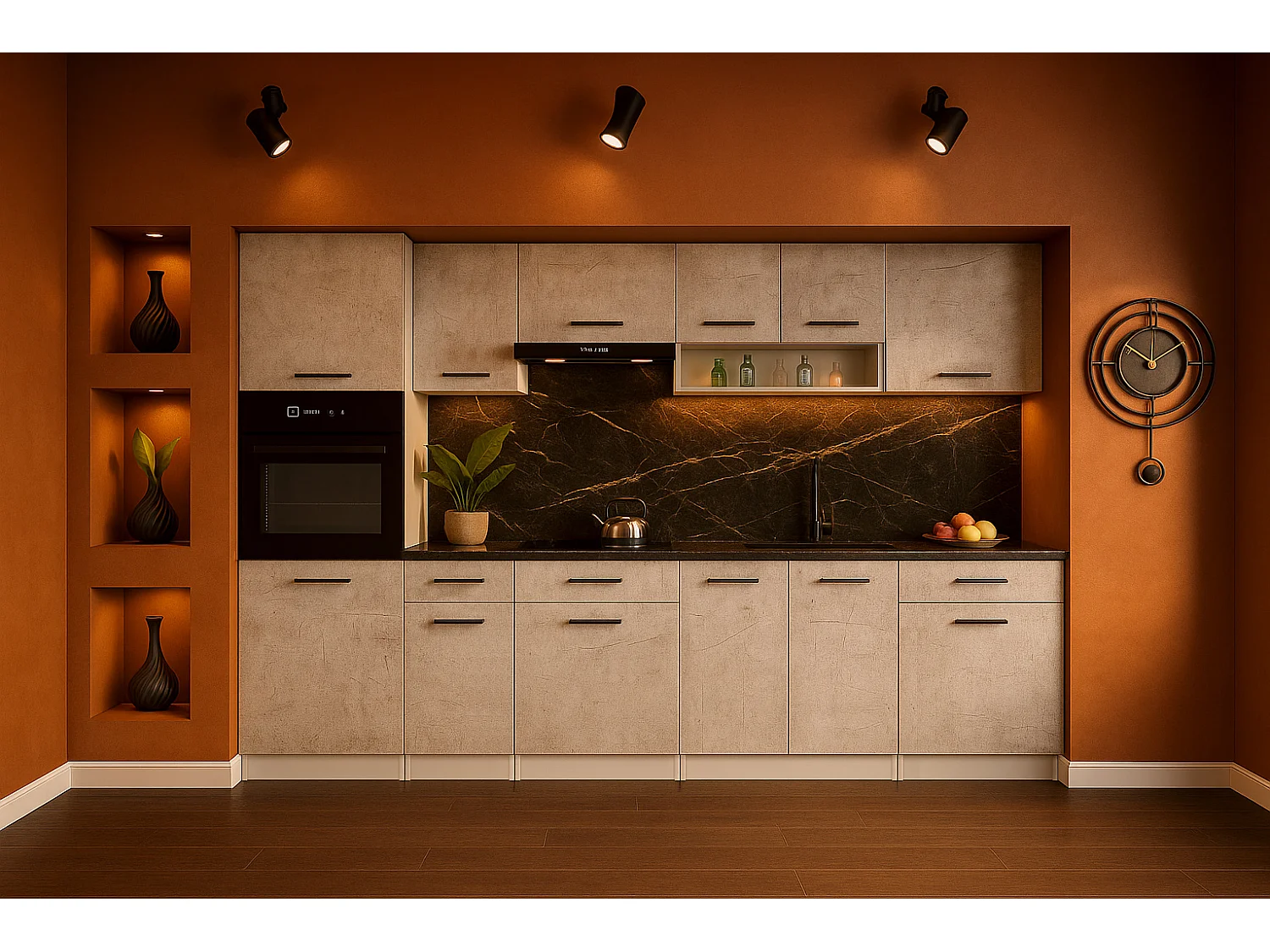 Cuisine complète VIKI Béton gris 300 cm avec colonne four 9 éléments 18 mm