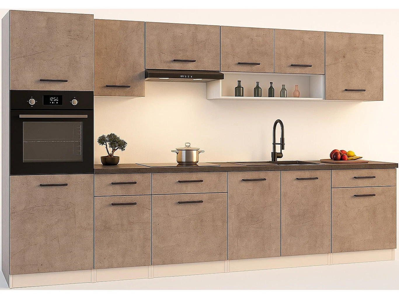 Cuisine complète VIKI Béton gris 300 cm avec colonne four 9 éléments 18 mm