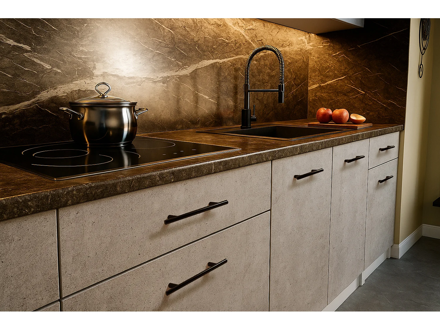 Cuisine complète VIKI Béton gris 300 cm avec colonne four 9 éléments 18 mm