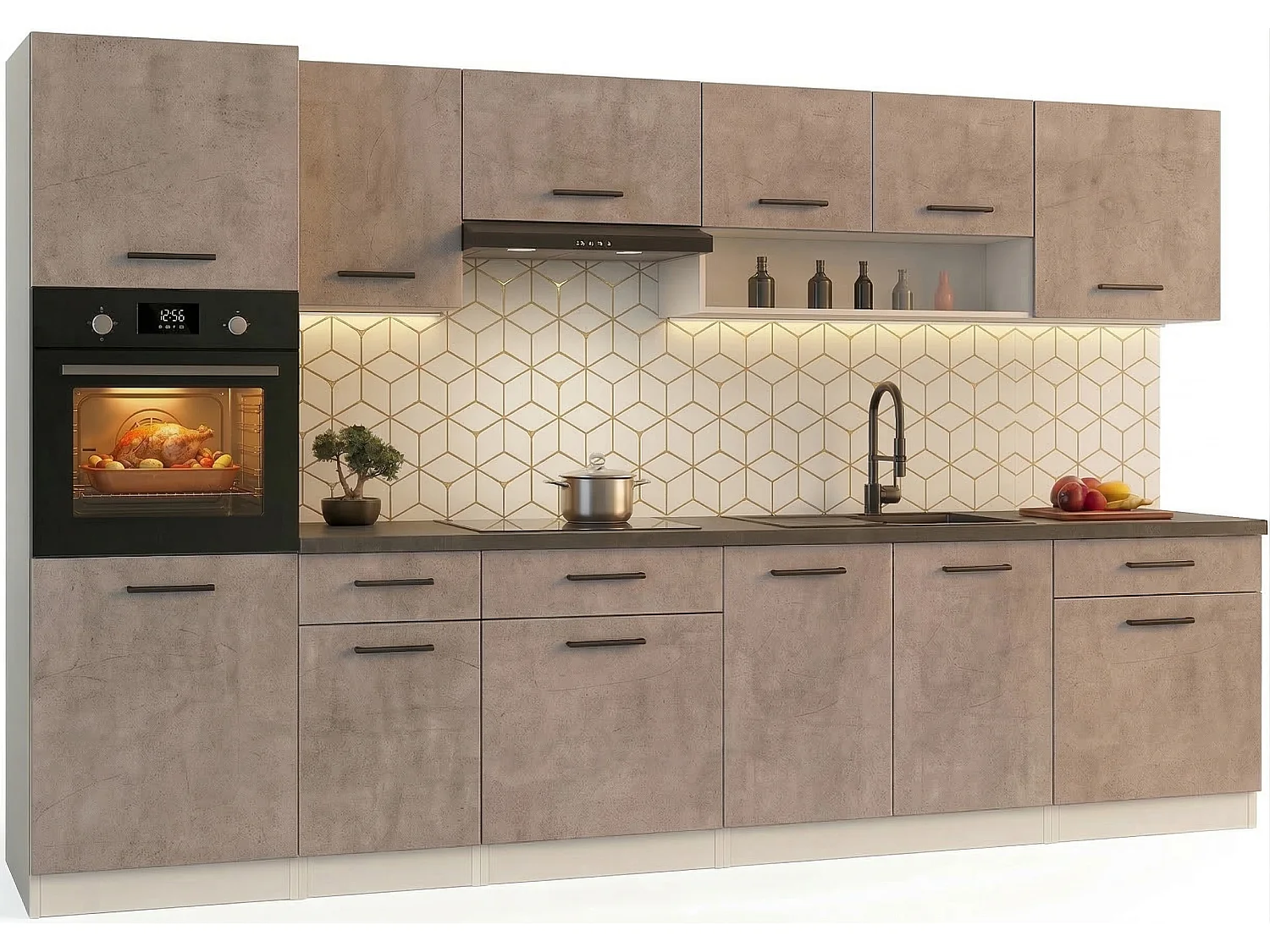 Cuisine complète VIKI Béton gris 300 cm avec colonne four 9 éléments 18 mm