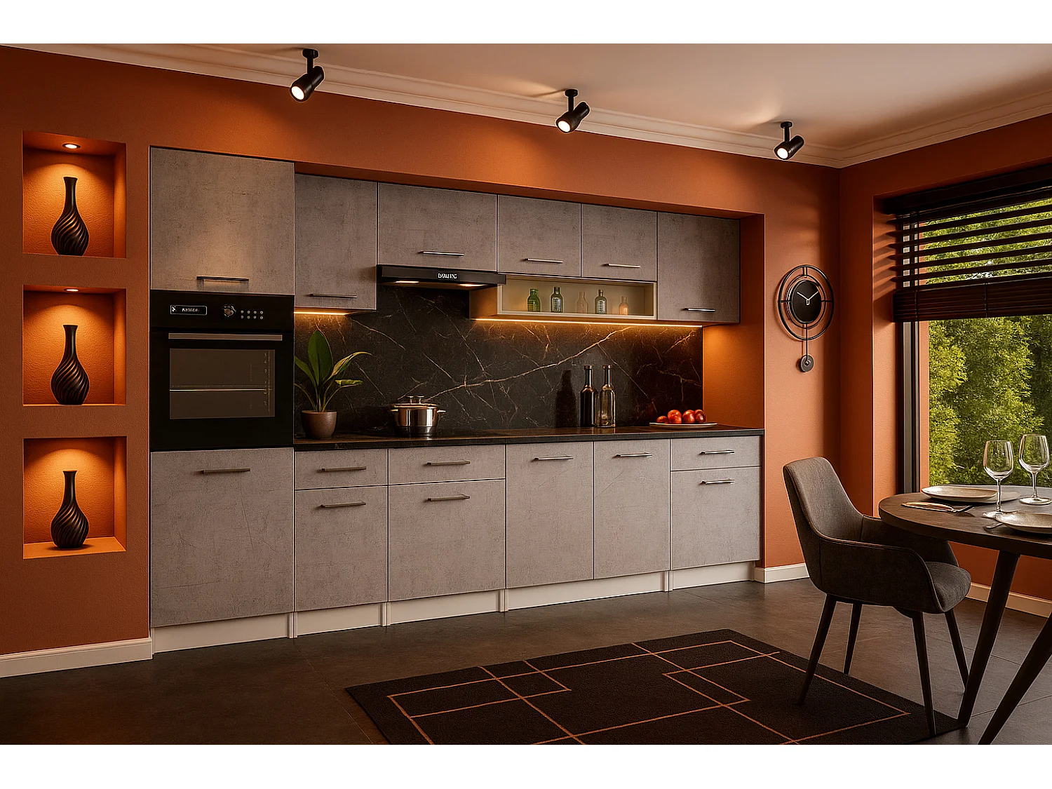 Cuisine complète VIKI Béton gris 300 cm avec colonne four 9 éléments 18 mm