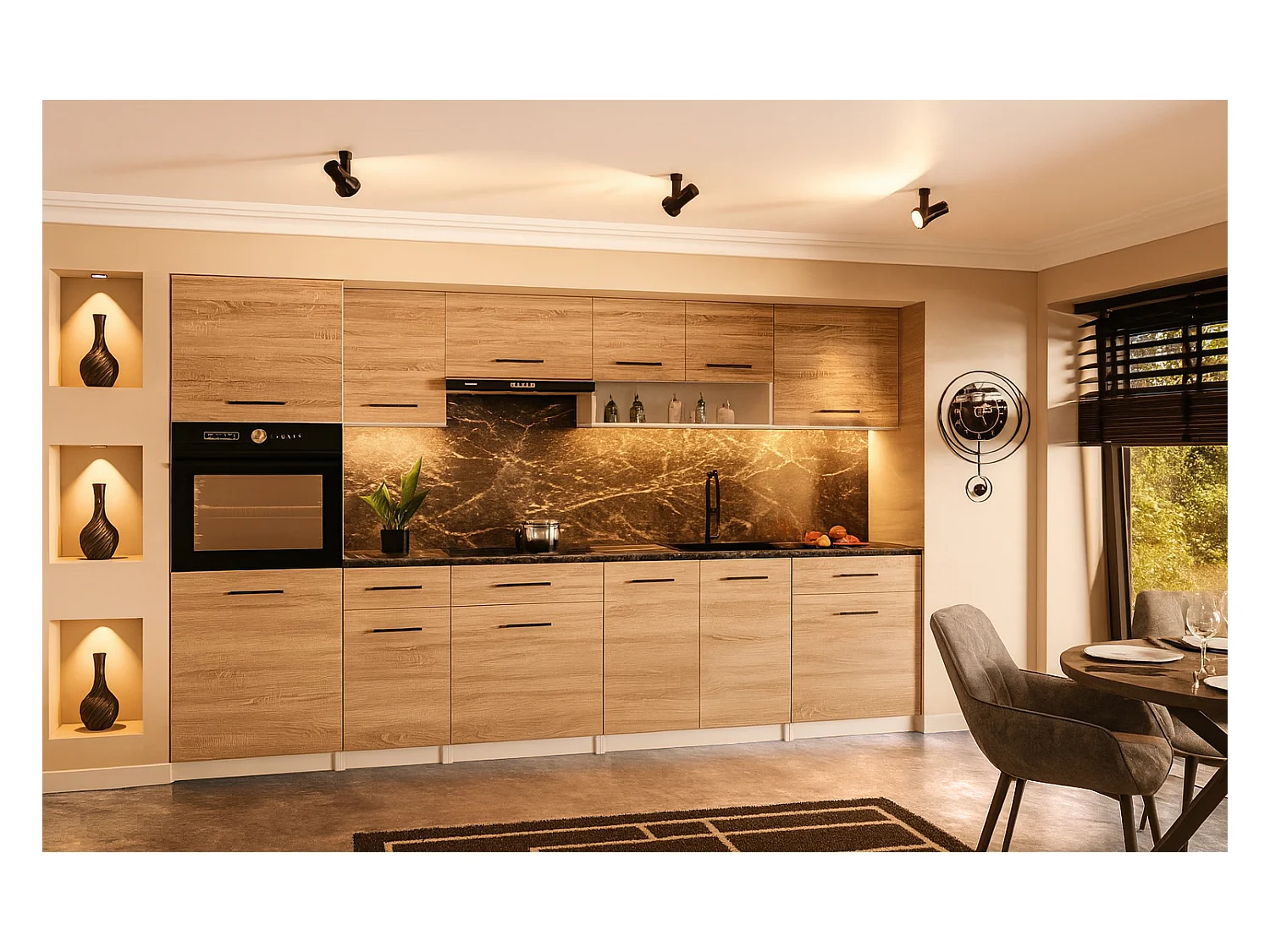 Cuisine complète VIKI BOIS chêne 300 cm avec colonne four 9 éléments 18 mm