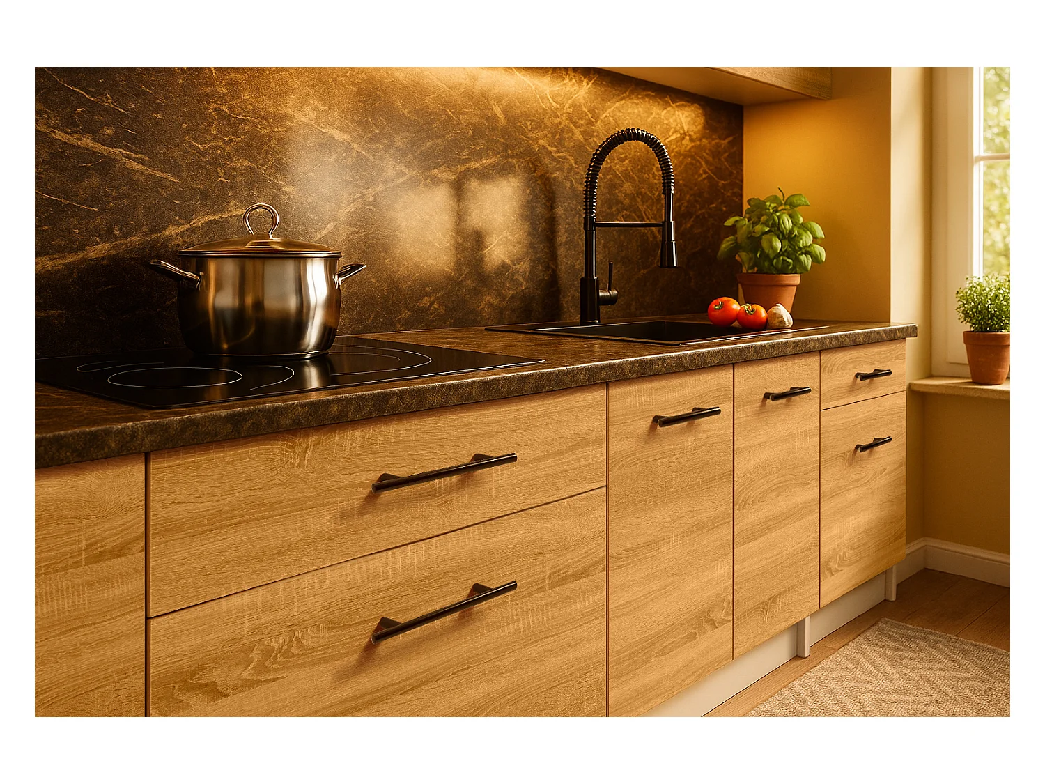 Cuisine complète VIKI BOIS chêne 300 cm avec colonne four 9 éléments 18 mm