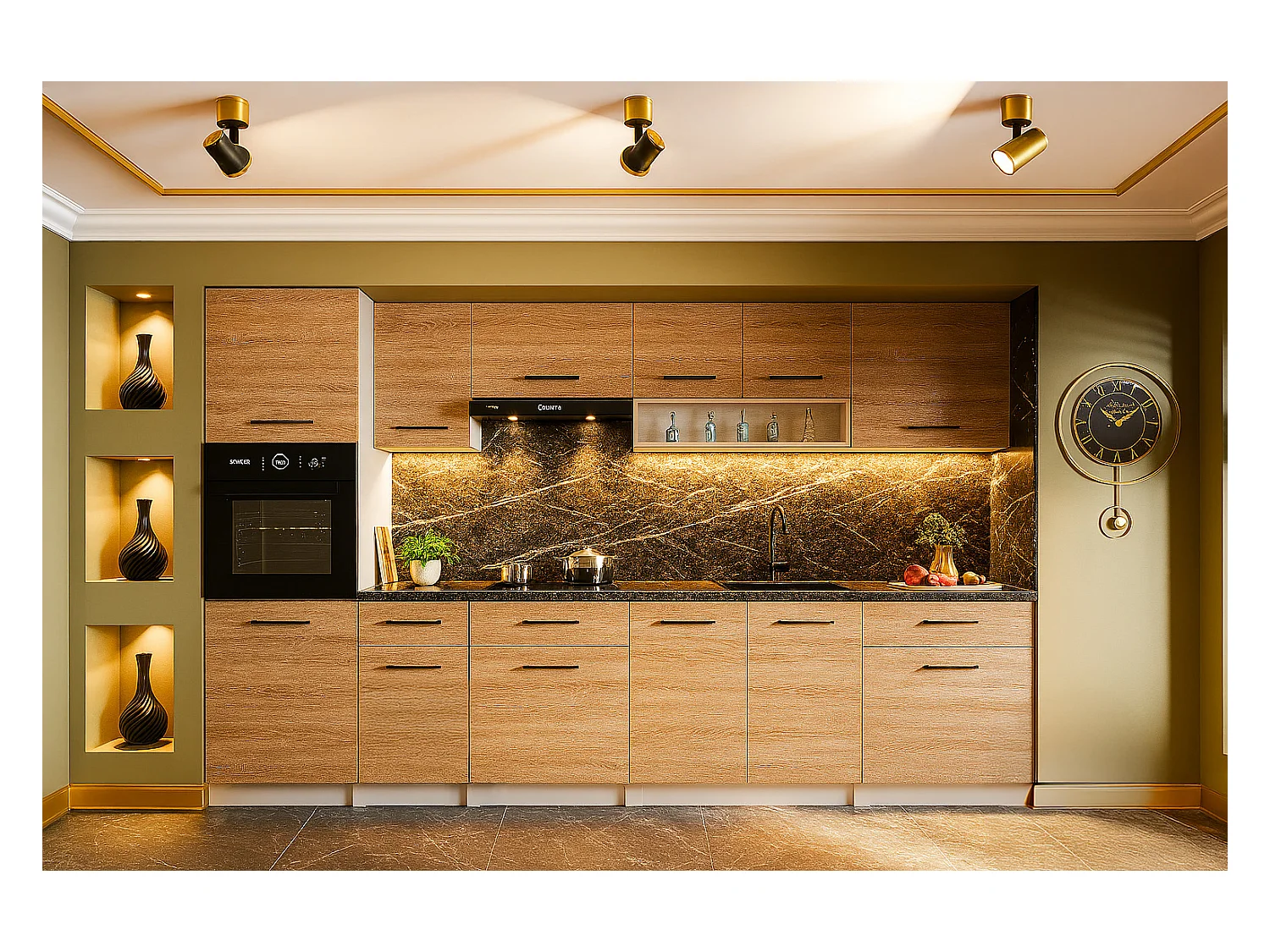 Cuisine complète VIKI BOIS chêne 300 cm avec colonne four 9 éléments 18 mm