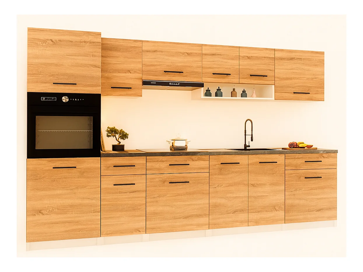 Cuisine complète VIKI BOIS chêne 300 cm avec colonne four 9 éléments 18 mm