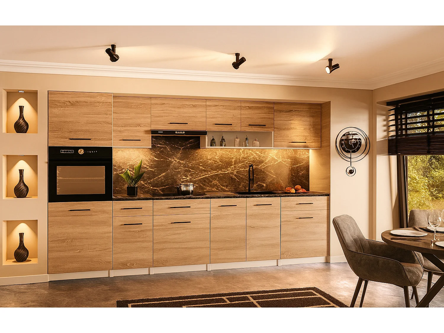 Cuisine complète VIKI BOIS chêne 300 cm avec colonne four 9 éléments 18 mm