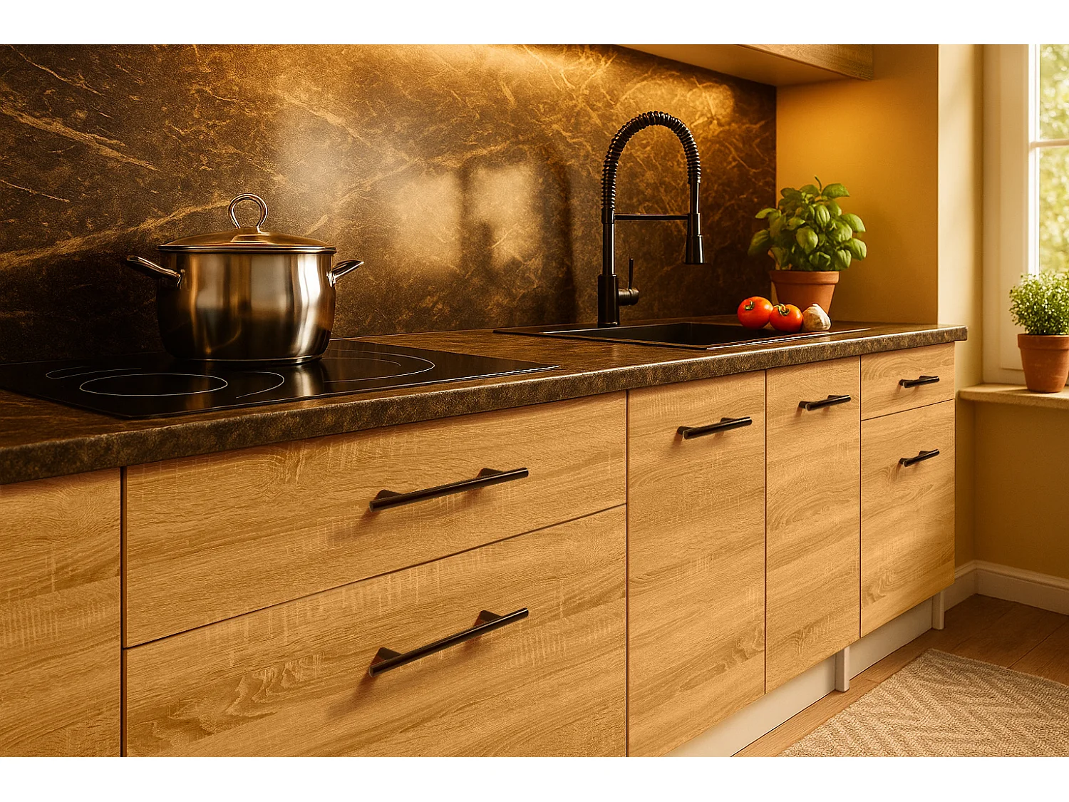 Cuisine complète VIKI BOIS chêne 300 cm avec colonne four 9 éléments 18 mm