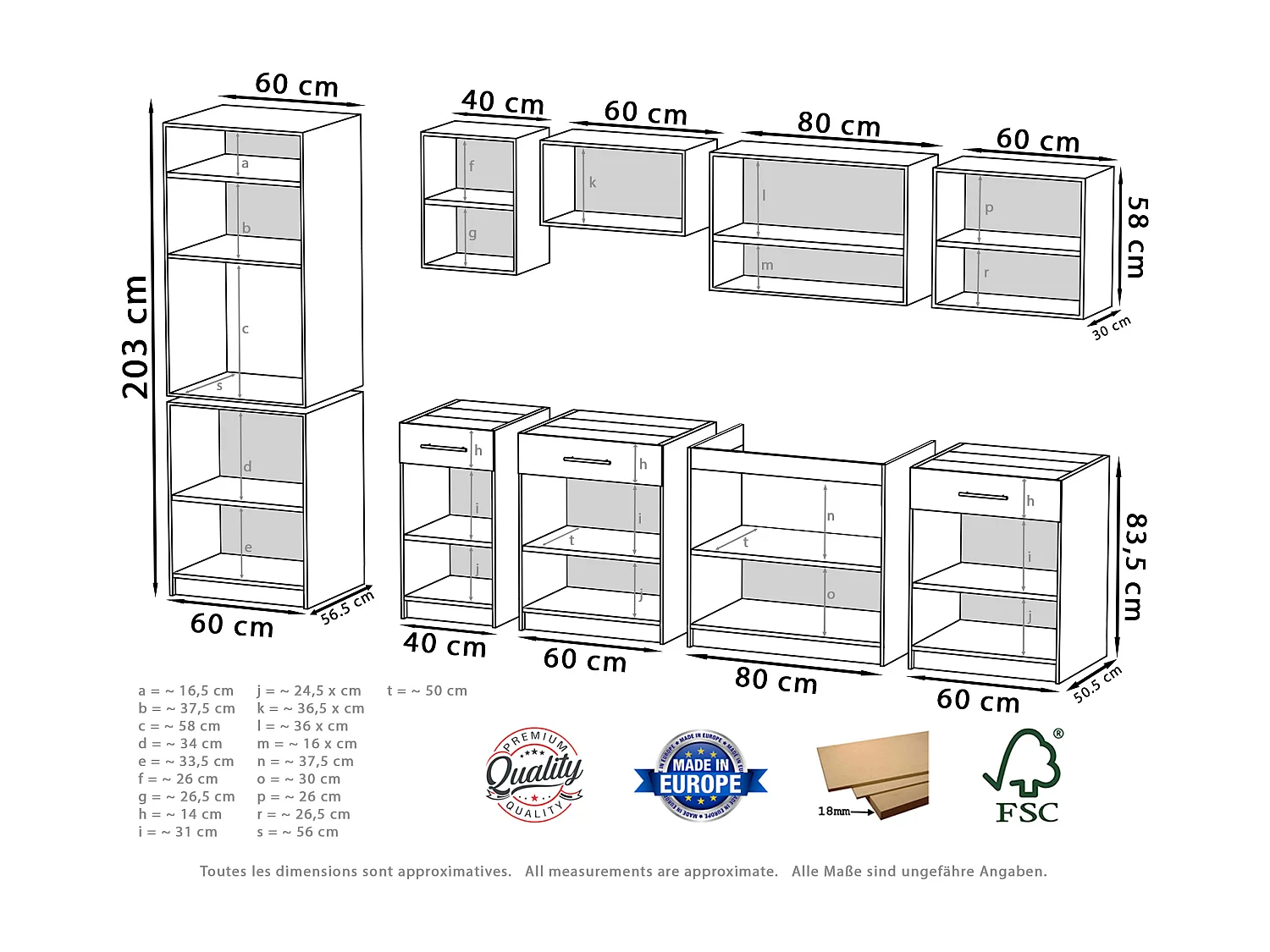 Cuisine complète VIKI BOIS chêne 300 cm avec colonne four 9 éléments 18 mm