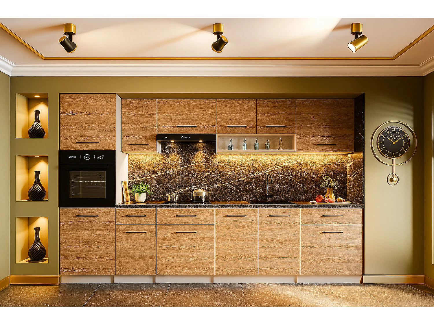 Cuisine complète VIKI BOIS chêne 300 cm avec colonne four 9 éléments 18 mm