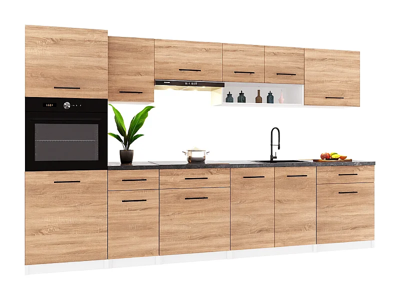 Cuisine complète VIKI BOIS chêne 300 cm avec colonne four 9 éléments 18 mm