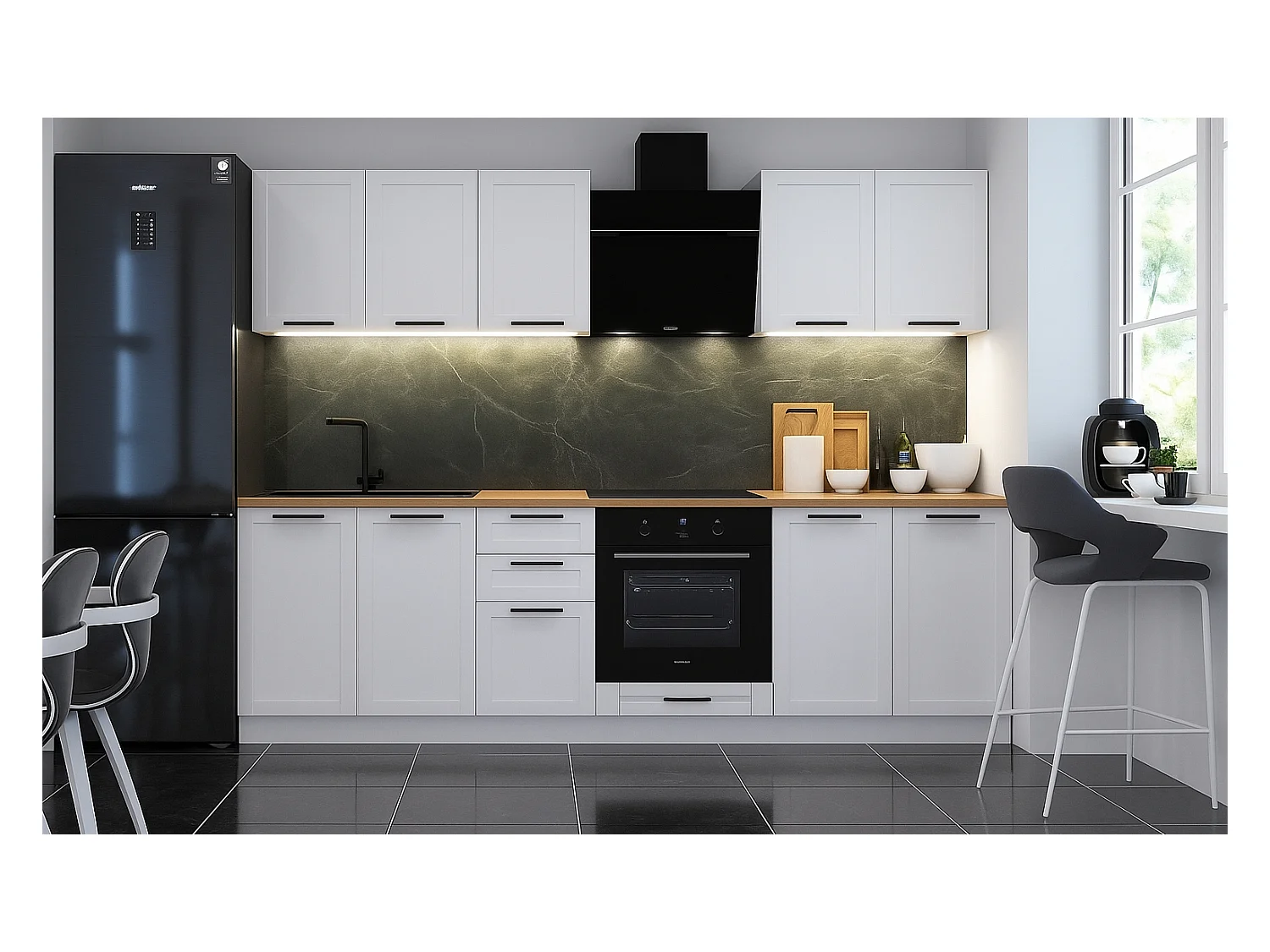 Cuisine complète Quadro blanc 7 éléments avec façades à cadre - 260 cm