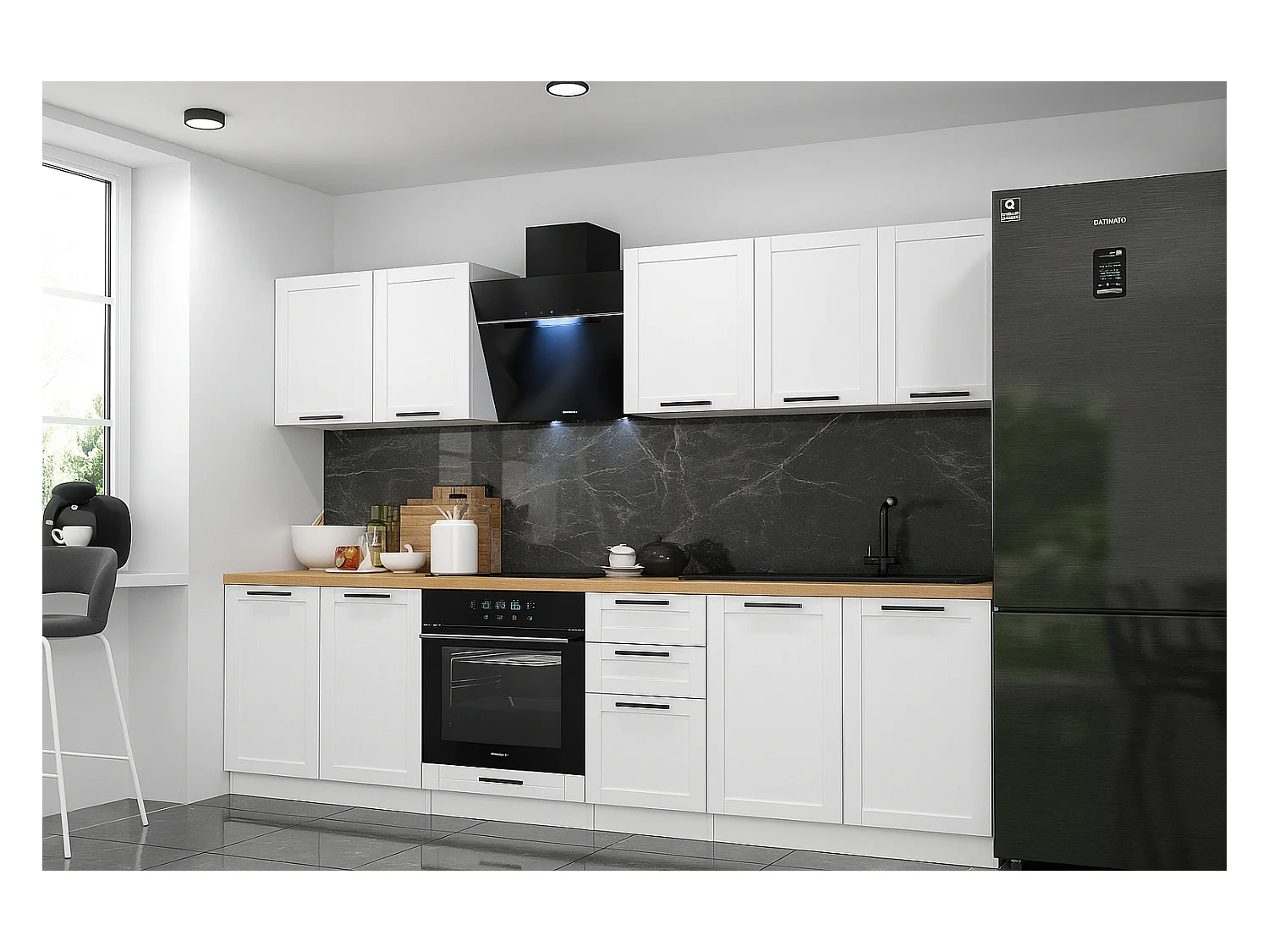 Cuisine complète Quadro blanc 7 éléments avec façades à cadre - 260 cm