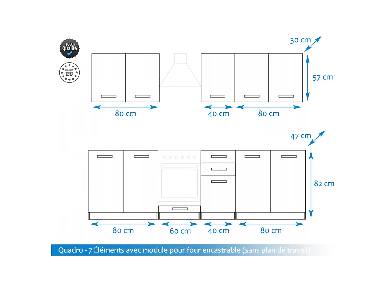 Cuisine complète Quadro blanc 7 éléments avec façades à cadre - 260 cm