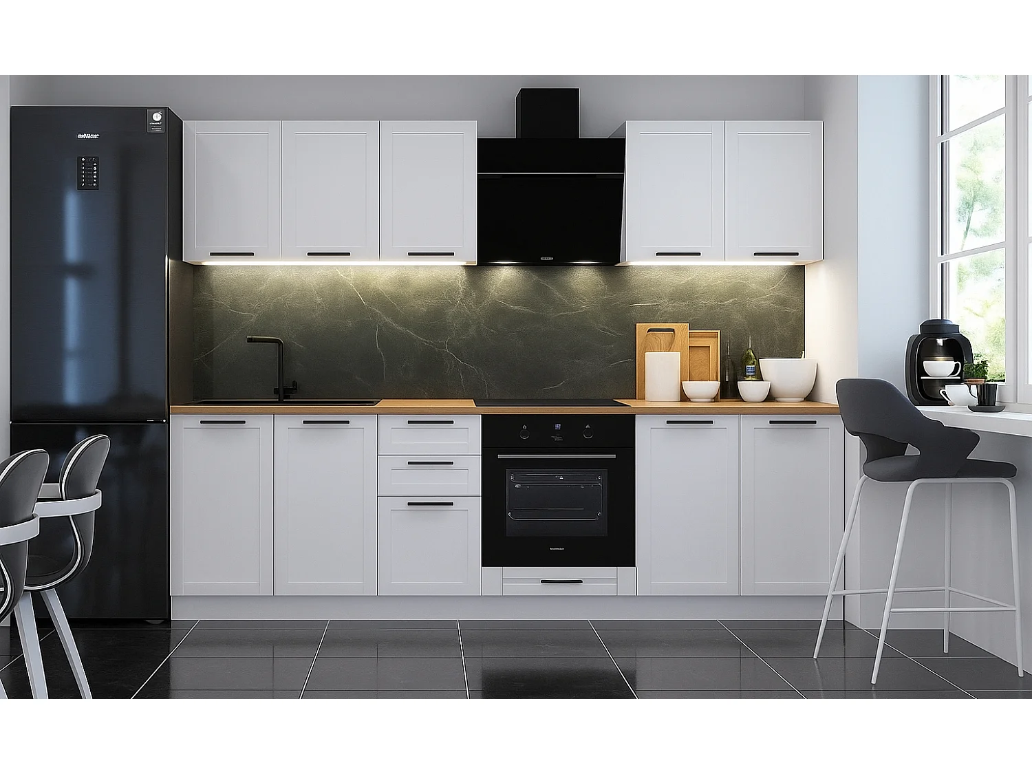 Cuisine complète Quadro blanc 7 éléments avec façades à cadre - 260 cm