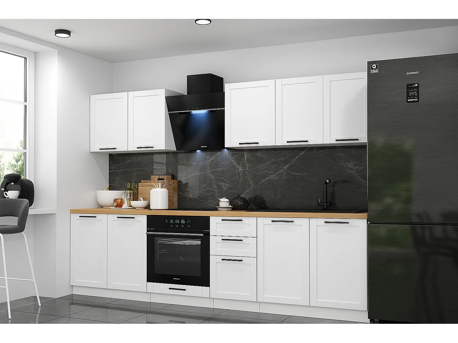 Cuisine complète Quadro blanc 7 éléments avec façades à cadre - 260 cm