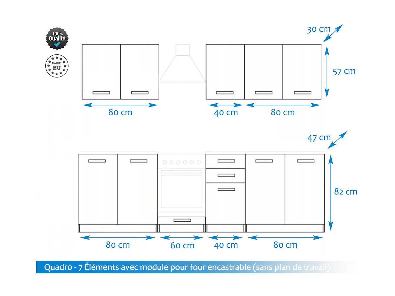 Cuisine complète Quadro blanc 7 éléments avec façades à cadre - 260 cm
