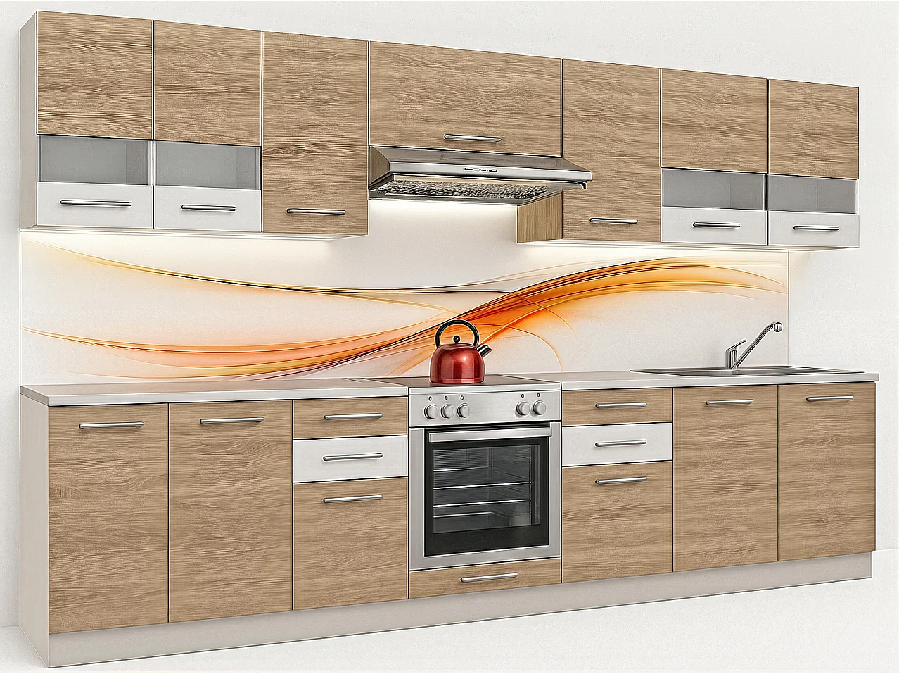 Cuisine complète MAYA bois et blanc laqué 10 éléments avec encastrement four - 300 cm