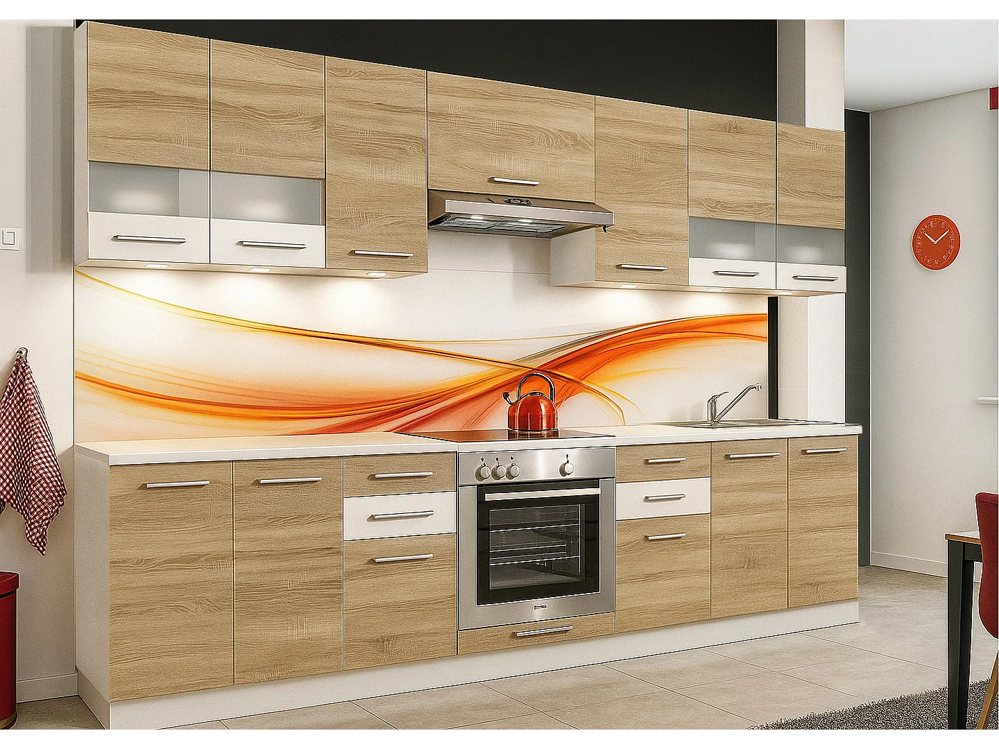 Cuisine complète MAYA bois et blanc laqué 10 éléments avec encastrement four - 300 cm