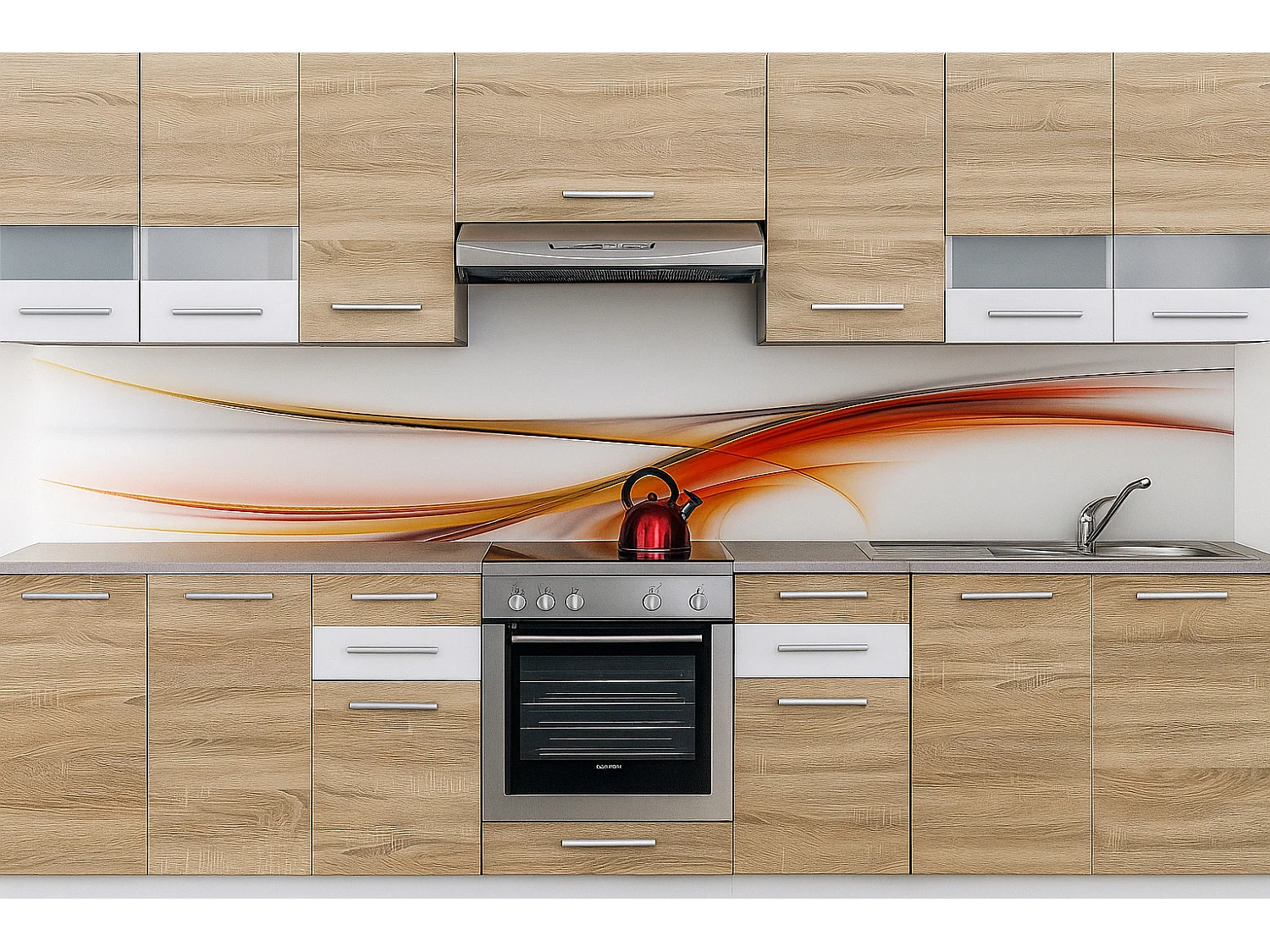 Cuisine complète MAYA bois et blanc laqué 10 éléments avec encastrement four - 300 cm